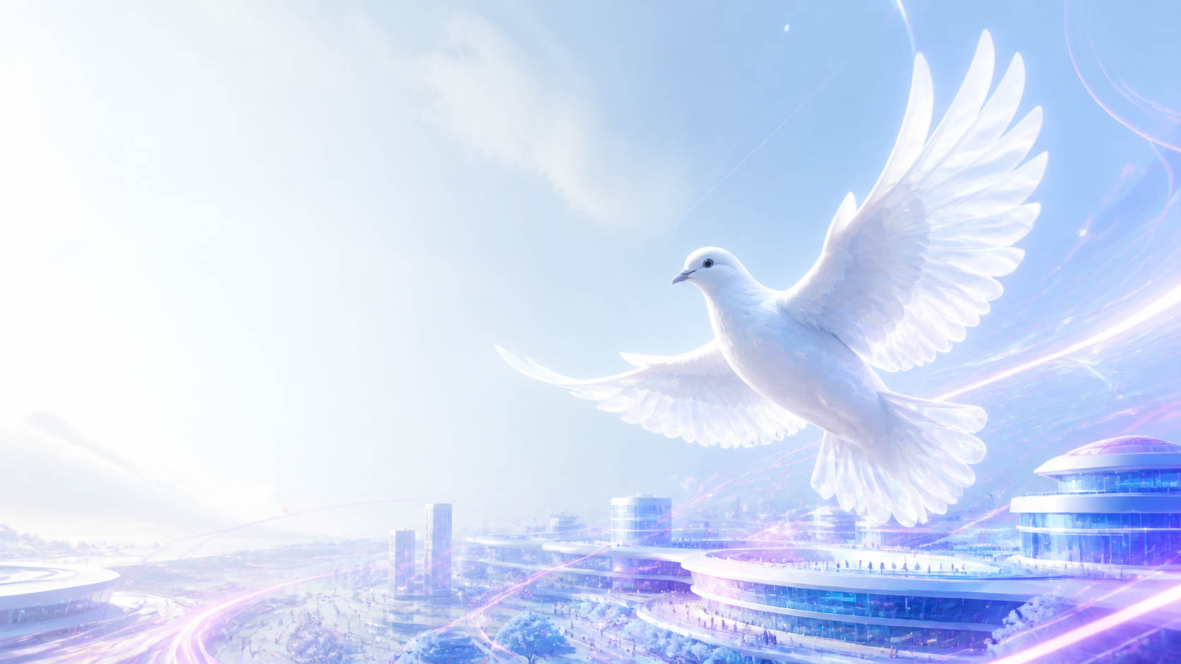 A luminous white bird above a connected education landscape